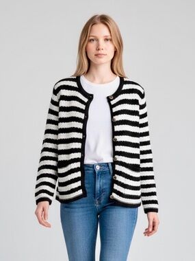 Koko + Mason Striped Black and White Crewneck Cardigan